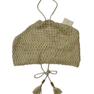 Darah Dahl Taupe Crochet Halter Tie Back Tassel Crop Top Sz L Women